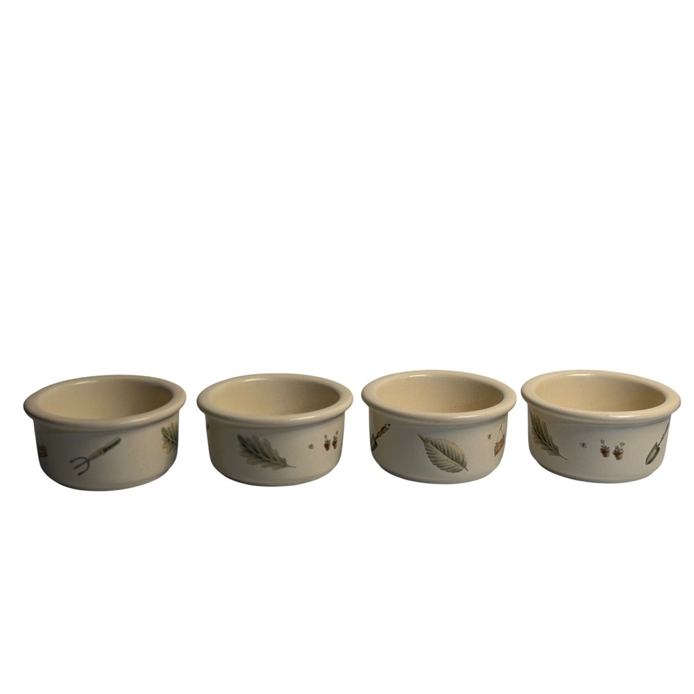 VTG Pfaltzgraff Naturewood Ramekins Set 4 Tan Green Garden Leaves Birdhouse